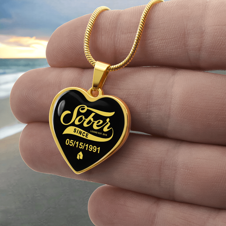 1-Marr Sobriety Gift | Sober Since Heart Necklace w/ Personalized Sober Date