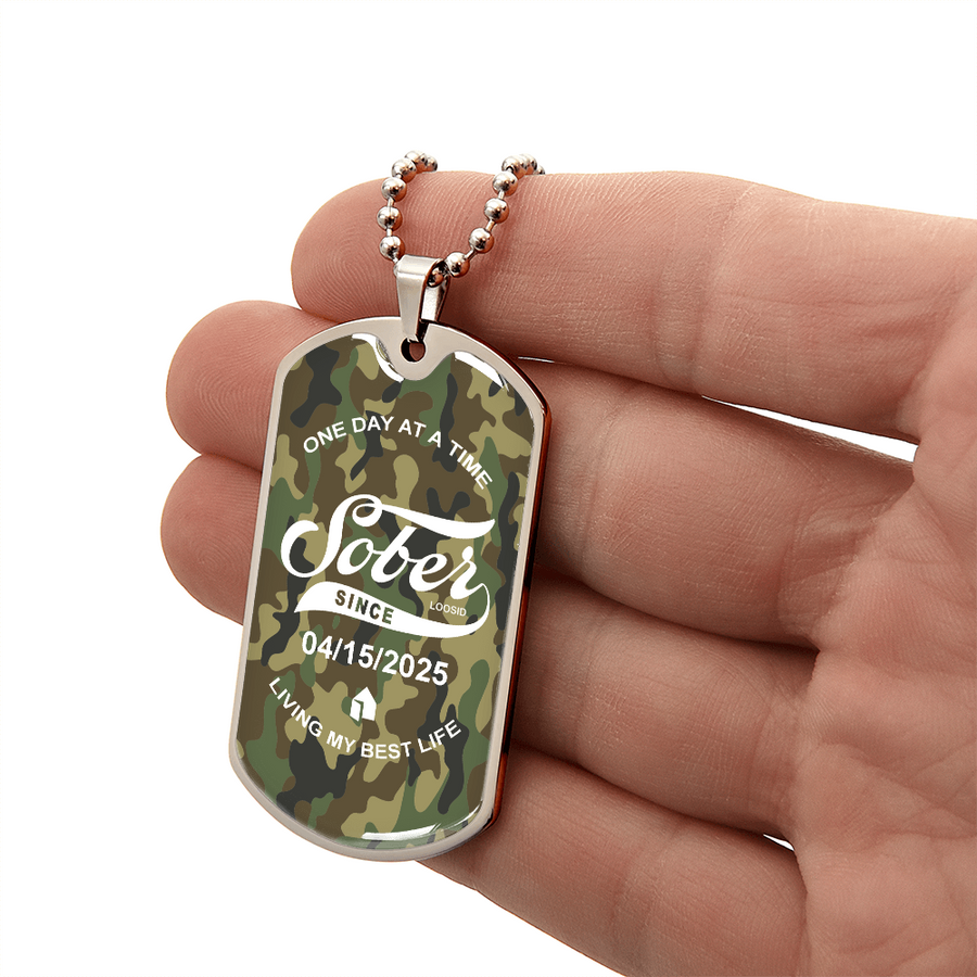 Marr Sobriety Gift | Camo Dog Tag Necklace with Personalized Date