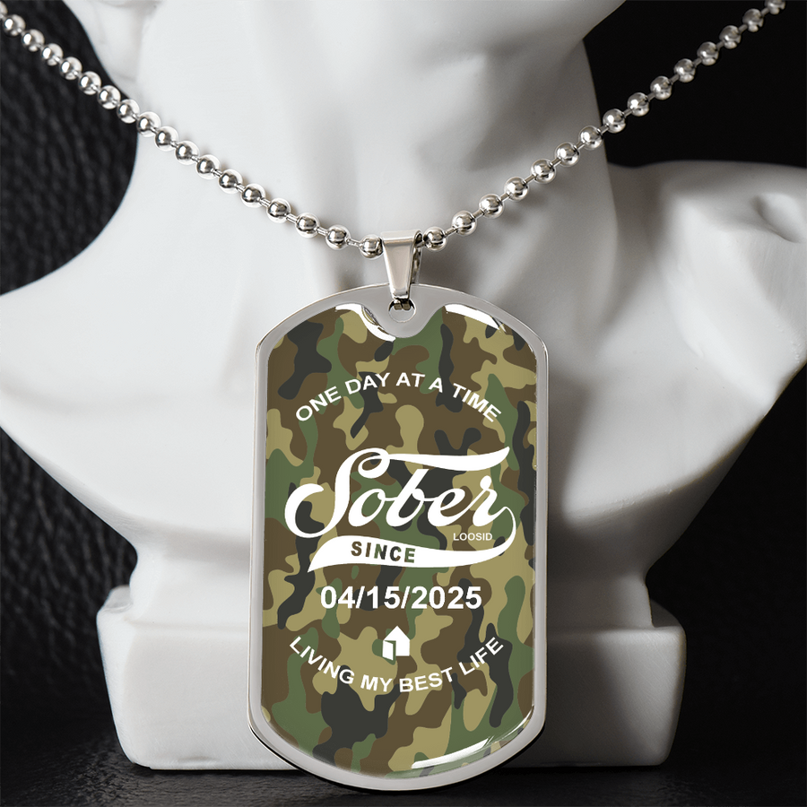 Marr Sobriety Gift | Camo Dog Tag Necklace with Personalized Date
