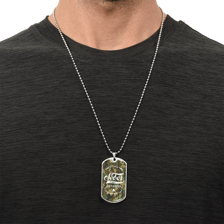Marr Sobriety Gift | Camo Dog Tag Necklace with Personalized Date