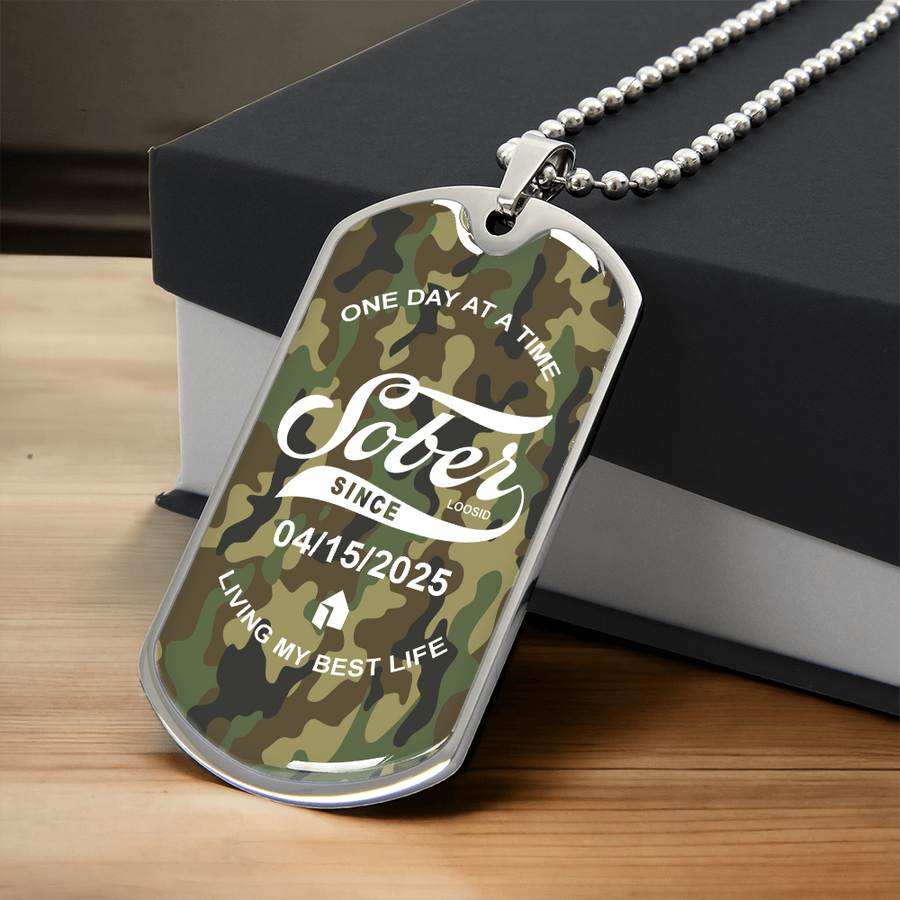 Marr Sobriety Gift | Camo Dog Tag Necklace with Personalized Date