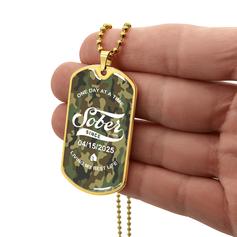 Marr Sobriety Gift | Camo Dog Tag Necklace with Personalized Date