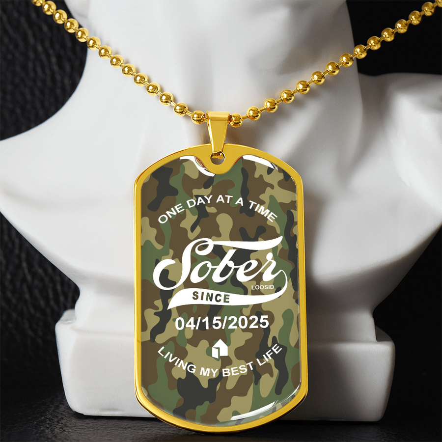 Marr Sobriety Gift | Camo Dog Tag Necklace with Personalized Date