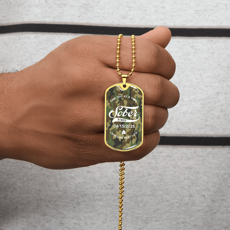Marr Sobriety Gift | Camo Dog Tag Necklace with Personalized Date