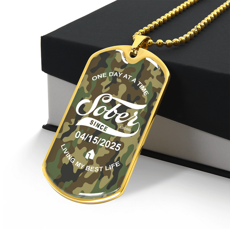 Marr Sobriety Gift | Camo Dog Tag Necklace with Personalized Date