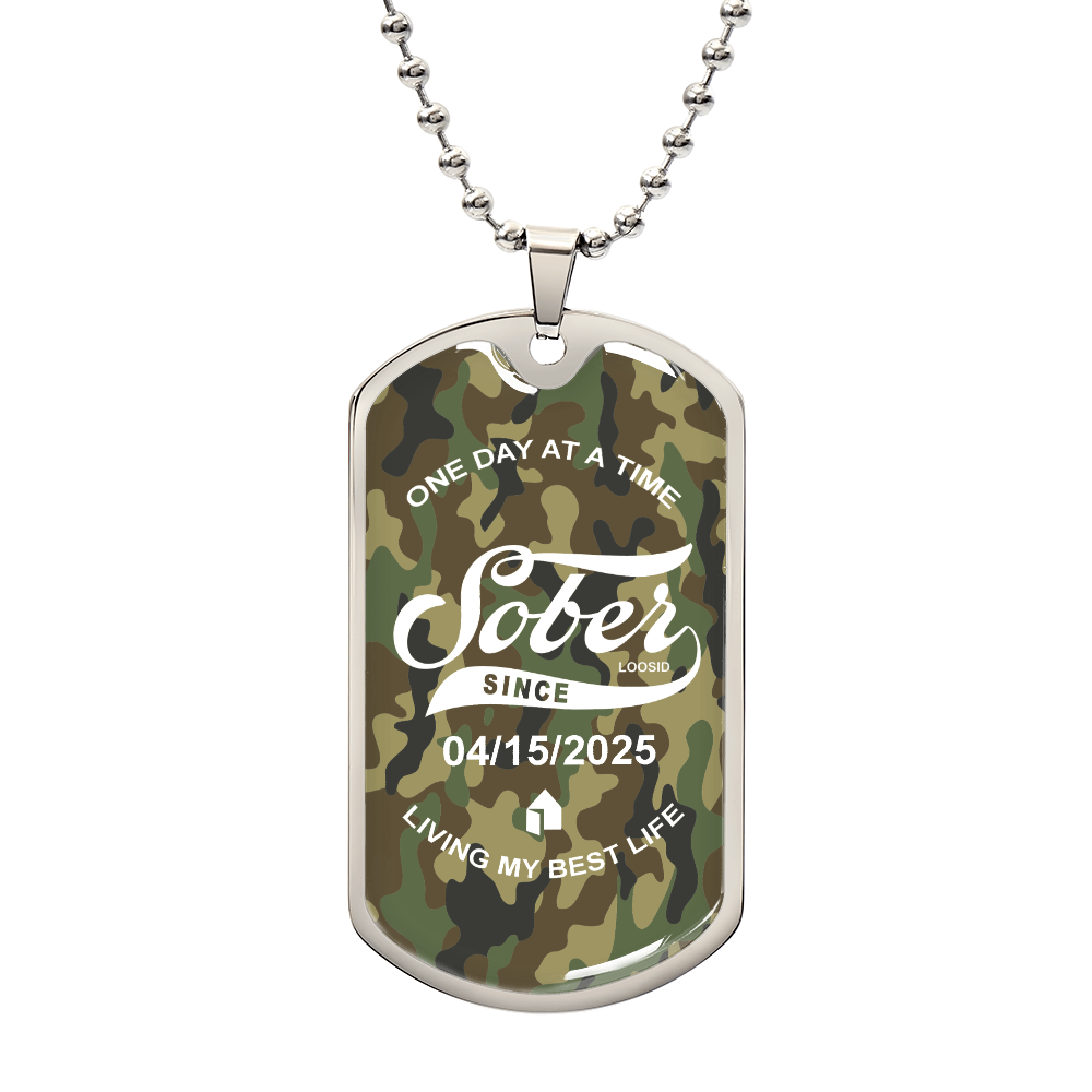 Marr Sobriety Gift | Camo Dog Tag Necklace with Personalized Date