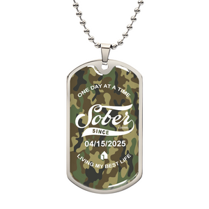 Marr Sobriety Gift | Camo Dog Tag Necklace with Personalized Date