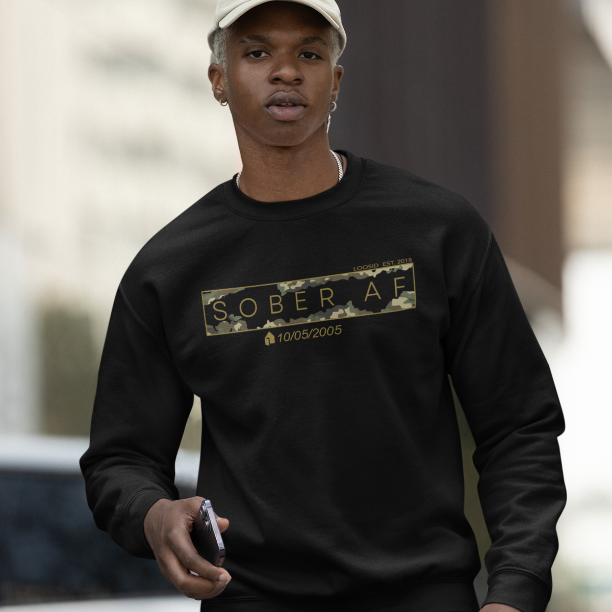 Marr Men’s Sober AF Camo Sweatshirt w/ Personalized Sobriety Date
